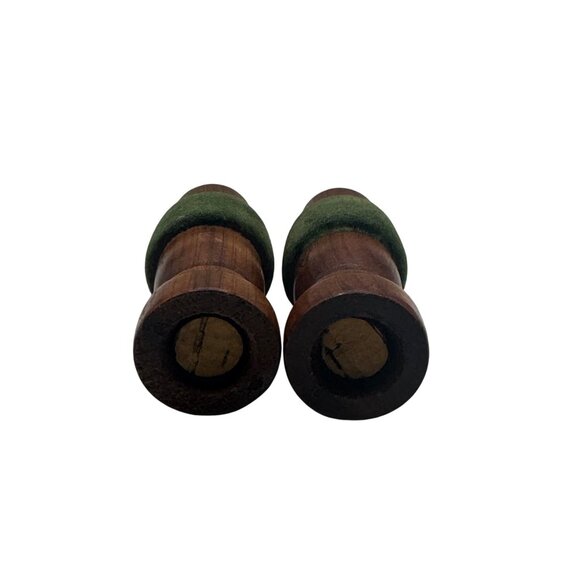 Vintage Wooden Salt & Pepper Shakers With Green Flocked Velvet Accent Band - Picture 4 of 4